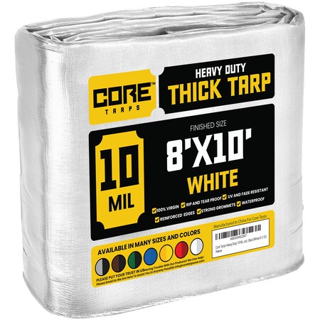 Core Tarps Heavy Duty Tarp, 10 ft L x 0.5 mm H x 8 ft W, 10 Mil, White, Polyethylene CT-604-8X10